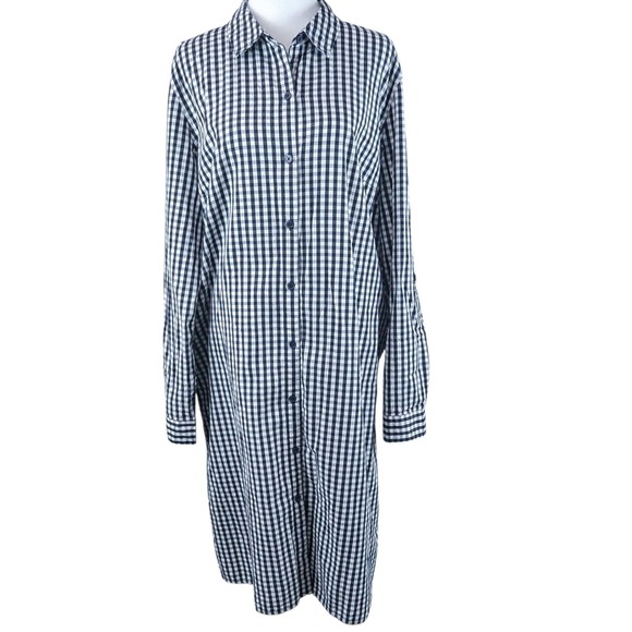 Gingham Midi Shirt Dress Large Navy White Flip Cuff 100% Cotton Country Cottage‎ - Picture 3 of 10